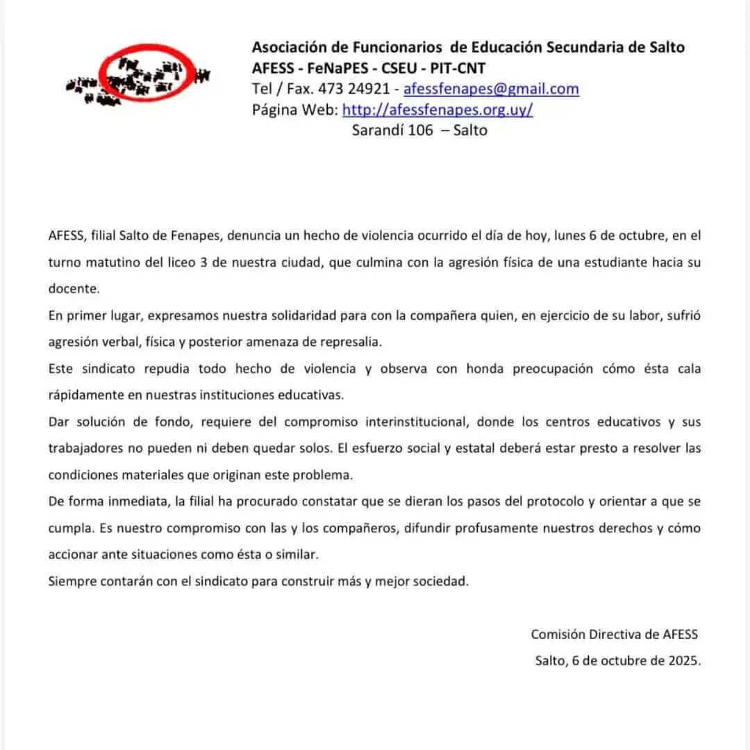Statement from the AFESS-FENAPES teachers&#39; union on the attack on a teacher in Salto, denouncing school violence and demanding urgent measures.